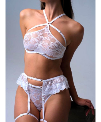 Белый комплект: бюстгальтер + стринги + пояс Zhu Zha 422 Bianca